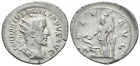 Philip I, 244-249 Antoninianus circa 244-247, AR 24mm., 4.40g. Radiate, draped and cuirassed bust r. Rev. Salus standing l., holding rudder and feedin...