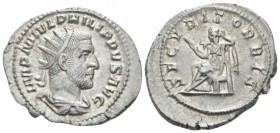 Philip I, 244-249 Antoninianus circa 244-247, AR 25mm., 4.24g. Radiate, drapedn and cuirassed bust r. Rev. Securitas seated l., holding wand and propp...
