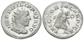Philip I, 244-249 Antoninianus circa 247, AR 22mm., 3.55g. Radiate, draped and cuirassed bust r. Rev. VICTORIA CARPICA Victory advancing r., holding w...
