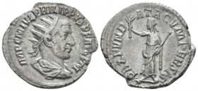 Philip I, 244-249 Antoninianus Antiochia circa 247-248, AR 23mm., 4.65g. Radiate, draped and cuirassed bust r. Rev. Pax standing facing, head l., hold...