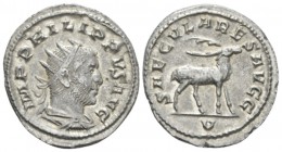 Philip I, 244-249 Antoninianus circa 248, AR 22mm., 4.45g. Radiate, draped and cuirassed bust r. Rev. Stag standing r.; in exergue, V. RIC 19. C 182....