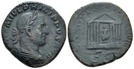 Philip I, 244-249 Sestertius circa 248, Æ 29mm., 18.45g. Laureate, draped and cuirassed r. Rev. Octastyle temple with statue of Roma in centre of colu...