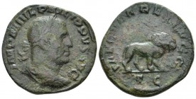 Philip I, 244-249 Sestertius circa 248, Æ 29mm., 16.39g. Laureate, draped and cuirassed bust r. Rev. Lion walking r. C 176. RIC 158.

Light green pa...