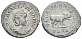 Otacilia Severa, wife of Philip I Antoninianus circa 248, AR 23mm., 5.30g. Draped bust r., wearing stephane, set on crescent. Rev. Hippopotamus with h...