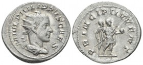 Philip II Caesar, 244-247. Antoninianus circa 245, AR 23mm., 4.45g. Radiate, draped and cuirassed bust r. Rev. Caesar standing r., holding spear and g...