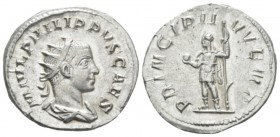 Philip II Caesar, 244-247. Antoninianus circa 245-246, AR 22mm., 4.05g. Radiate, draped and cuirassed bust r. Rev. Caesar, standing l., holding globe ...