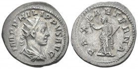 Philip II, 247-249 Antoninianus circa 247, AR 23mm., 4.25g. Radiate, draped and cuirassed bust r. Rev. Pax standing l., holding olive branch and scept...