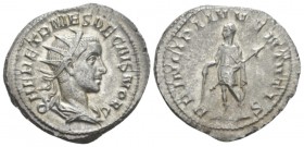 Herennius Etruscus Caesar, 250-251. Antoninianus circa 250-251, AR 23mm., 4.99g. Radiate and draped bust r. Rev. Herennius, in military attire, standi...
