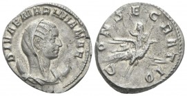 Mariniana, wife of Valerian Antoninianus circa 256, AR 23mm., 4.32g. Veiled and draped bust r., on crescent. Rev. Peacock flying r., carrying Empress ...