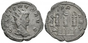 Gallienus, 253-268 Antoninianus circa 262, billon 23mm., 3.36g. Radiate head r. Rev. Legionary eagle between two standards. RIC 568.
 
 Nice old cab...