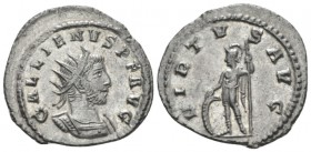 Gallienus, 253-268 Antoninianus Antiochia circa 263-264, billon 23mm., 3.27g. Radiate and cuirassed bust r. Rev. Soldier standing l., holding shield a...