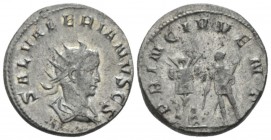 Saloninus Caesar, 258-260. Antoninianus Mediolanum circa 256, billon 21mm., 4.19g. Radiate and draped bust r. Rev. Prince standing l., holding baton a...