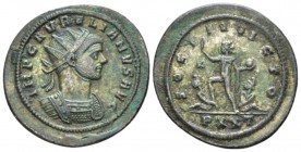 Aurelian, 270-275 Antoninianus Ticinum circa 274, billon 25mm., 4.18g. Radiate and cuirassed bust r. Rev. Sol standing l., raising r. hand and holding...