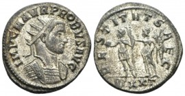 Probus, 276-282 Antoninianus Ticinum circa 276-280, billon 22mm., 4.16g. Radiate, draped and cuirassed bust r. Rev. Probus standing l., holding globe ...