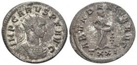 Carus, 282-283 Antoninianus Ticinum circa 282-283, billon 22mm., 3.12g. Radiate and cuirassed bust r. Rev. Abundantia standing r., holding cornucopiae...