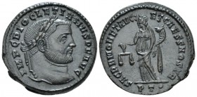 Diocletian, 284-305 Follis Ticinum circa 300-303, Æ 25mm., 10.08g. Laureate head r. Rev. Moneta standing l., holding scales and cornucopia; PT•. C 436...