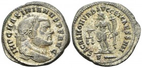 Maximianus Herculius, first reign 286-305 Follis circa 300-301, Æ 28mm., 10.05g. Laureate head r. Rev. Moneta standing l., holding scales and cornucop...