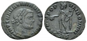 Maximianus Herculius, first reign 286-305 Æ3 circa 305, Æ 19mm., 1.77g. IMP C M A MAXIMIANVS AVG Laureate head right. Rev. GENIO POP-VLI ROMANI Genius...