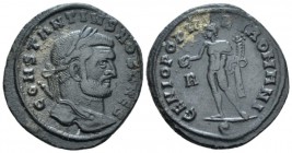 Constantius I Chlorus caesar, 293 – 305 Follis circa 296-297, Æ 27mm., 8.89g. Laureate head r. Rev. Genius standing l., holding patera and cornucopiae...