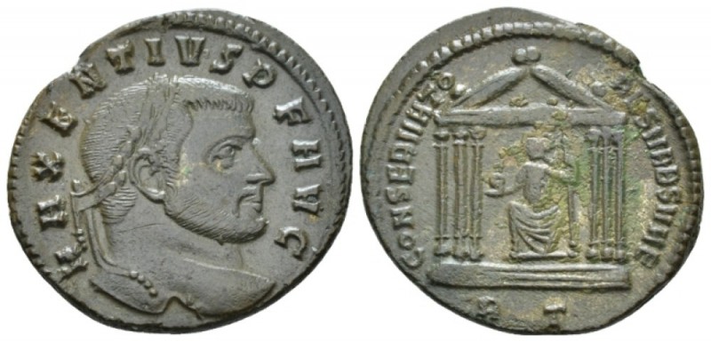 Maxentius, 306-312 Follis circa 307, Æ 25mm., 6.22g. Laureate head r. Rev. Roma ...