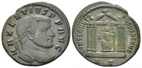 Maxentius, 306-312 Follis circa 307, Æ 25mm., 6.22g. Laureate head r. Rev. Roma seated facing, head l., in hexastyle temple, holding globe and sceptre...
