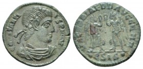 Constantius II, 337-361 Follis 347 - 348, Æ 16.5mm., 1.48g. CONSTANTIVS P F AVG Rosette-diademed, draped, and cuirassed bust right. Rev. VICTORIAE DD ...