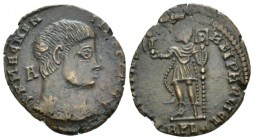 Magnentius, 350-353 Contemporary imitation of a Follis Lugdunum circa 350-353, Æ 18.5mm., 2.49g. Bare head r.; in l. field, A. Rev. Emperor standing l...