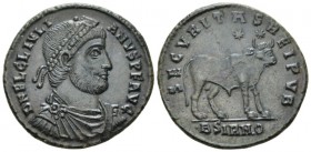 Julian II, 360-363 Follis Sirmium circa 361-363, Æ 19mm., 8.19g. Pearl-diademed, draped and cuirassed bust r. Rev. Bull standing r.; above, two stars....
