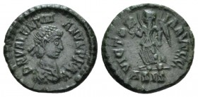 Valentinian II, 375-392 Æ4 Siscia 384-387, Æ 14mm., 1.27g. D N VALENTINIANVS PF AVG Diademed, draped and cuirassed bust right. Rev. VICTORIA AVGG Vict...