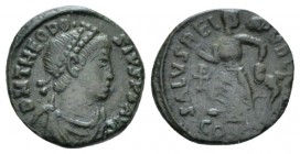 Theodosius I, 379-395 Æ4 Constantinople circa 388-392, Æ 12.5mm., 1.31g. D N THEODOSIVS P F AVG Diademed, draped and cuirassed bust r. Rev. SALVS REI ...