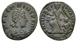 Arcadius, 383-408 Æ4 Cyzicus 388-392, Æ 12.5mm., 1.12g. DN ARCADIVS PF AVG Diademed, draped and cuirassed bust right. Rev. SALVS REI PVBLICAE Victoria...