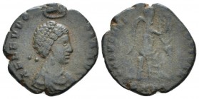 Aelia Eudoxia, wife of Arcadius Bronze Antiochia 401-403, Æ 18.5mm., 3.03g. Pearl-diademed and draped bust r., wearing necklace and earrings and crown...