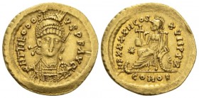 Theodosius II, 402-450 Solidus Constantinopolis circa 441-450, AV 21.4mm., 4.46g. Helmeted, pearl-diademed and cuirassed bust three-quarters facing, h...