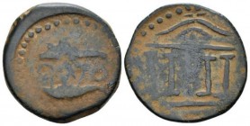 Hispania, Abdera Unit Mid I cent., Æ 25.3mm., 8.34g. Tetrastyle temple. Rev. Two tunnies l. CNH 1. MH 362.
 
 Green patina, Very Fine.