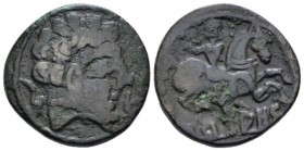 Hispania, Arsaos Unit early I cent., Æ 22mm., 7.75g. Male head rr.t; dolphin before, plow behind. Rev. Horseman galloping r. holding bipennis; below, ...