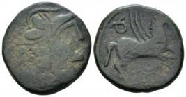 Hispania, Emporion (as Untikesken) As or Unit first half II cent., Æ 25.3mm., 12.45g. Helmeted head of Athena r. Rev. Pegasos flying r.; above, symbol...