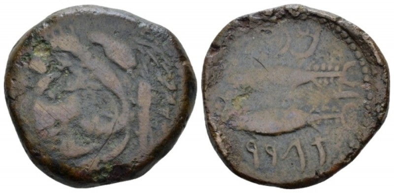 Hispania, Gades Unit II-I cent., Æ 24.6mm., 11.10g. Head of Herakles-Melqart l.,...