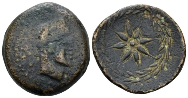 Hispania, Malaka Half uit I cent. BC, Æ 23.5mm., 8.43g. Head of Vulcano r. Rev. ...