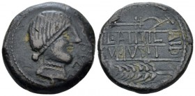 Hispania, Obulco circa 110-80, Æ 28.1mm., 16.28g. Female head r. Rxev. Two line legend; above grain ear above and below, inverted plow. CNH 44. MH 609...
