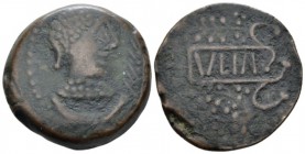 Hispania, Ulia Unit-As II cent. BC, Æ 31.1mm., 18.90g. Diademed female head of Obulco type r.; in front, palm frond and below, large crescent. Rev. La...