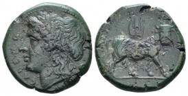Campania, Cales Bronze circa 265-240, Æ 20mm., 6.46g. Laureate head of Apollo l. Rev. Man-headed bull standing r., head facing; above, lyre. Sambon 93...