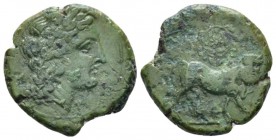 Campania, Neapolis Bronze circa 300 - 275, Æ 19mm., 5.34g. Laureate head of Apollo right. Rev. Man-headed bull walking right; above, wreath; below, A....