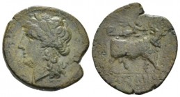 Campania, Suessa Bronze circa 265-240, Æ 21mm., 5.03g. Laureate head of Apollo l. Rev. Man-headed bull standing r., head facing; above, flying Nik re....