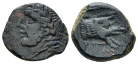 Apulia, Arpi Brozne circa 325-275, Æ 15mm., 3.28g. Laureate head of Zeus left Rev. Boar right; above, spear. SNF France 1240. SNG ANS -. Historia Numo...