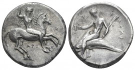 Calabria, Tarentum Nomos circa 325-281, AR 22mm., 7.70g. Naked ephebos on prancing horse r., holding in l. hand, reins, shield and two spears and stri...
