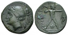 Bruttium, Brettii Half Unit circa 214-211,, Æ 16.4mm., 3.40g. Head of Nike l., wearing hair-band. Rev. Zeus standing facing, hurling thunderbolt; in r...