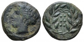 Sicily, Himera Hemilitra circa 415-409, Æ 18mm., 3.86g. Head of nymph l., wearing sphendone; in l. field, six pellets. Rev. Six pellets within wreath....