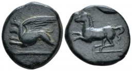 Sicily, Koinon Bronze circa 360-340, Æ 22mm., 8.33g. Griffin l. Rev. Horse prancing l.; in exergue, KAINON. Calciati 1. SNG ANS 1169. AMB 309.

Dark...