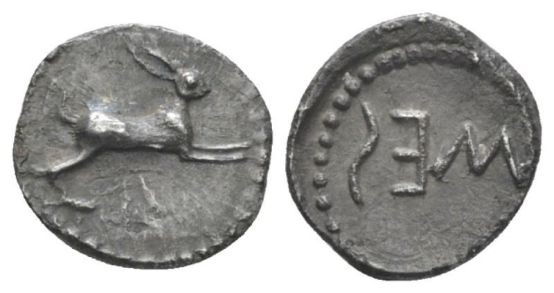 Sicily, Messana Obol circa 480-460, AR 10mm., 0.59g. Hare springing r. Rev. MES ...