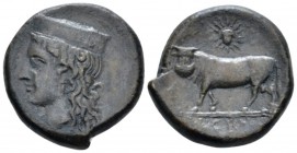 Sicily, Panormos as Ziz Litra circa 3336-330, Æ 24.4mm., 12.66g. Head of Hera l., wearing stephane. Rev. Man-headed bull standing l., head facing; abo...